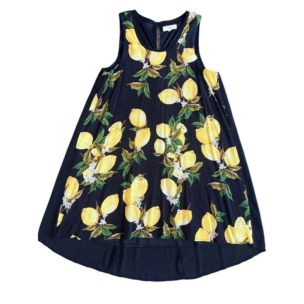 Entro Sleeveless Flowy Black Mini Shift Dress Yellow Lemon Print Size Small